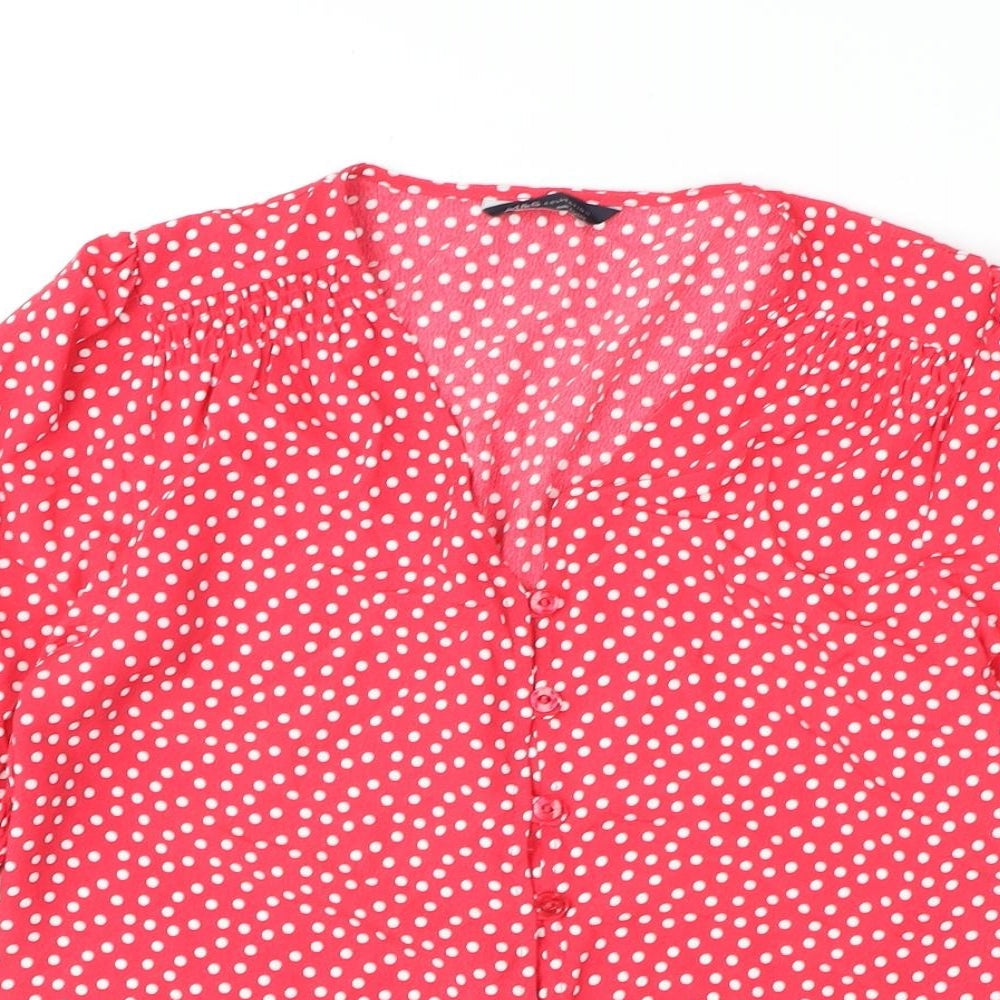 Marks and Spencer Womens Pink Polka Dot Polyester Basic Button-Up Size 8 V-Neck