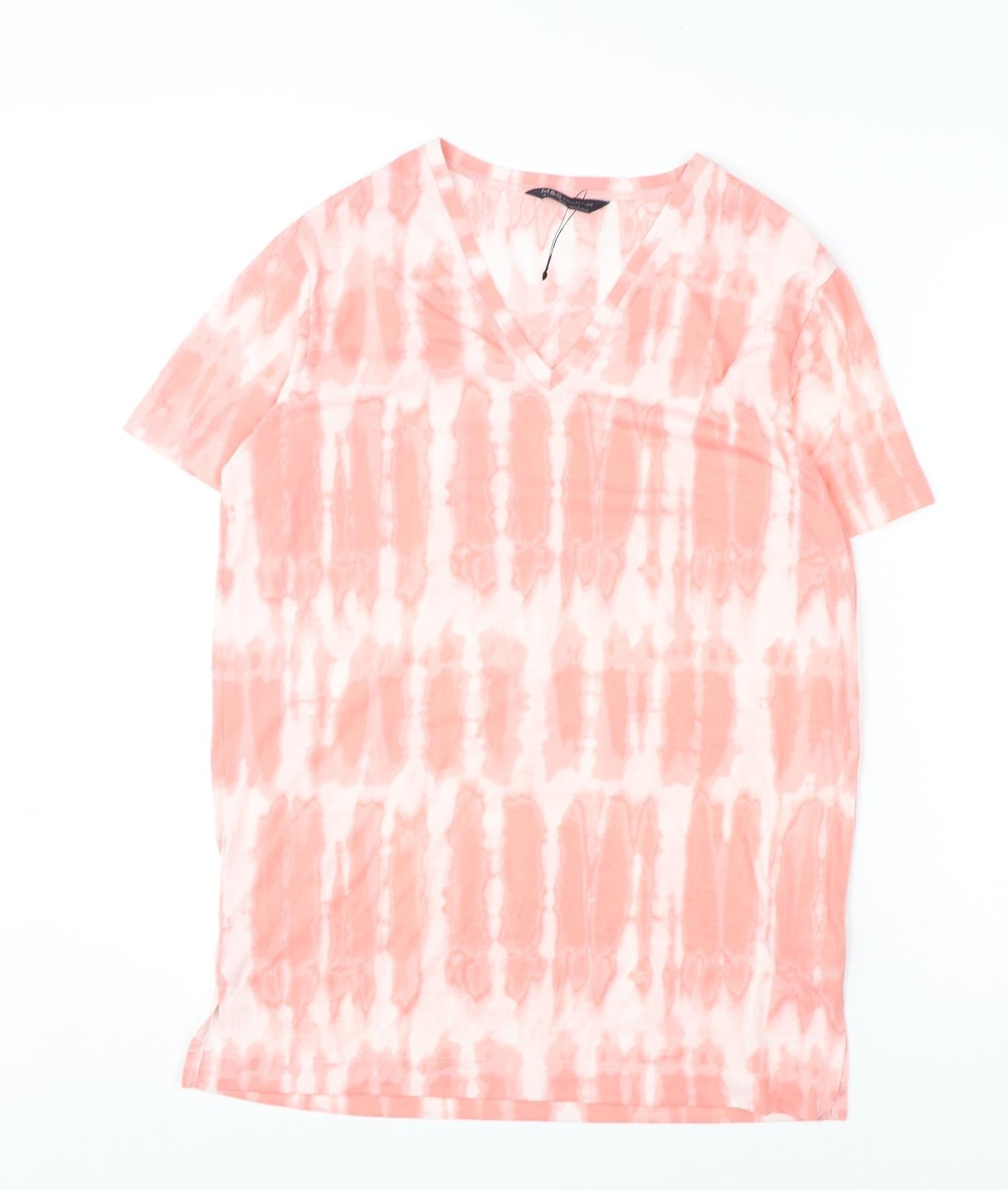 Marks and Spencer Womens Pink Geometric Polyester Basic T-Shirt Size 8 V-Neck - Tie Dye