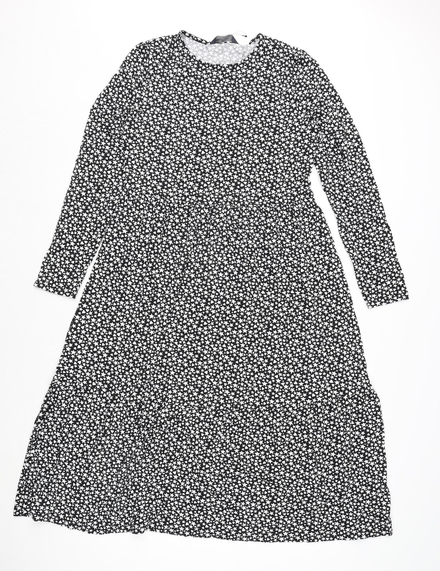 Marks and Spencer Womens Black Geometric Viscose A-Line Size 10 Round Neck Pullover - Star and Heart Print