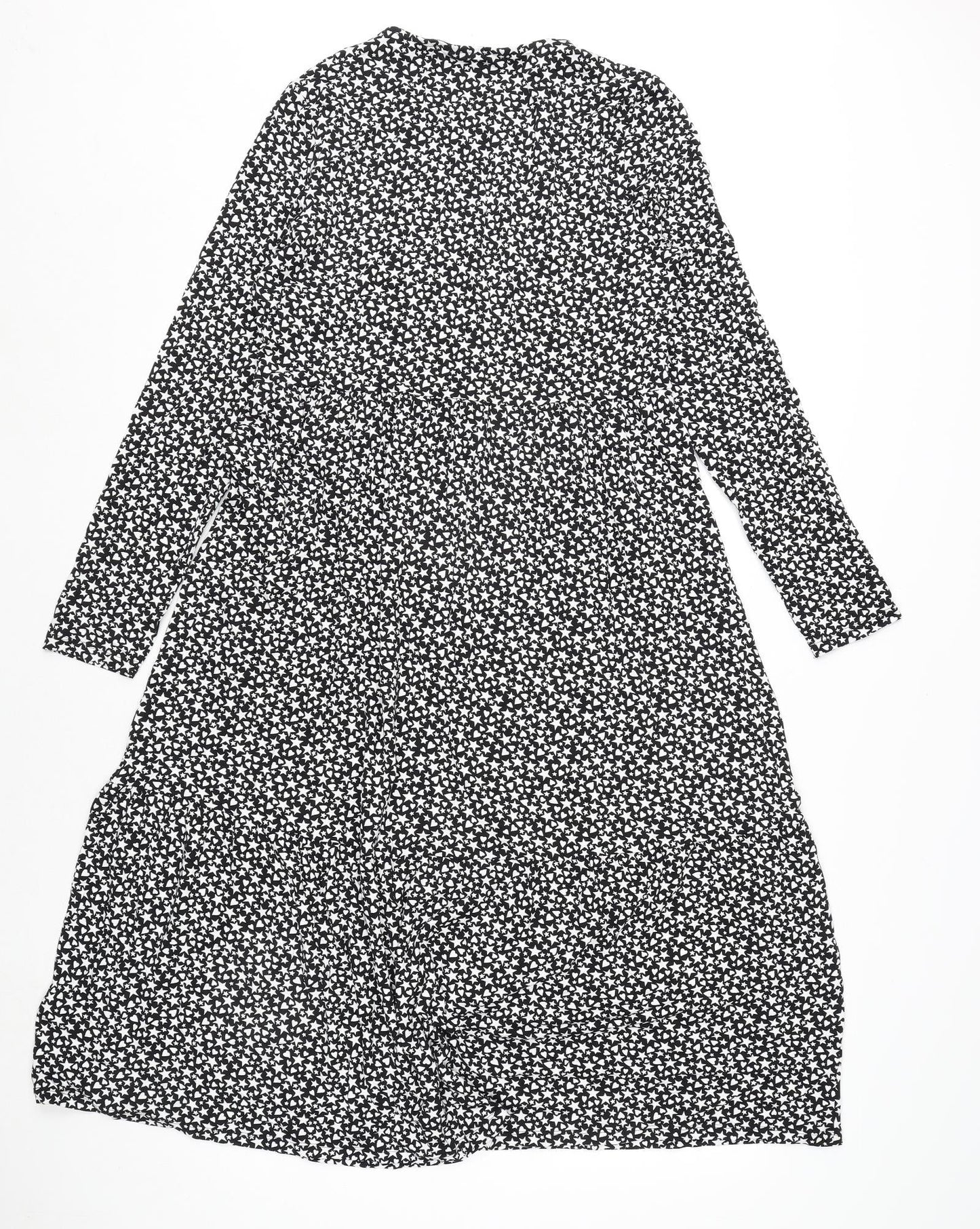 Marks and Spencer Womens Black Geometric Viscose A-Line Size 10 Round Neck Pullover - Star and Heart Print