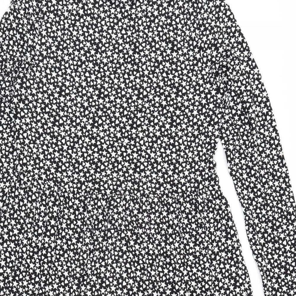 Marks and Spencer Womens Black Geometric Viscose A-Line Size 10 Round Neck Pullover - Star and Heart Print