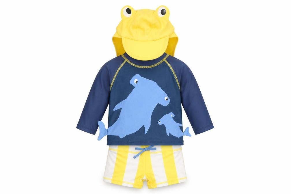 Front view of Marks & Spencer boys’ multicoloured striped polyamide shorts set outfit/set, months zip - swim set, hat