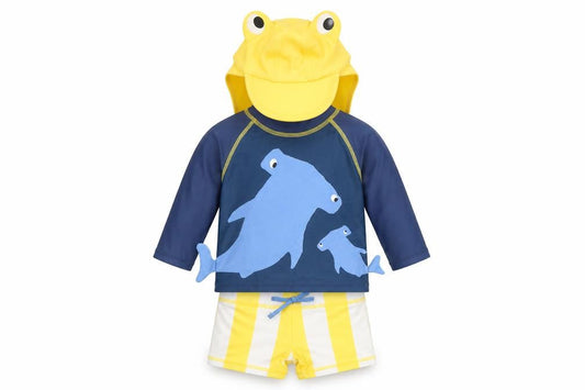 Marks and Spencer Boys Multicoloured Striped Polyamide Shorts Set Outfit/Set Size 0-3 Months Zip - Swim Set, Hat Included, Shark