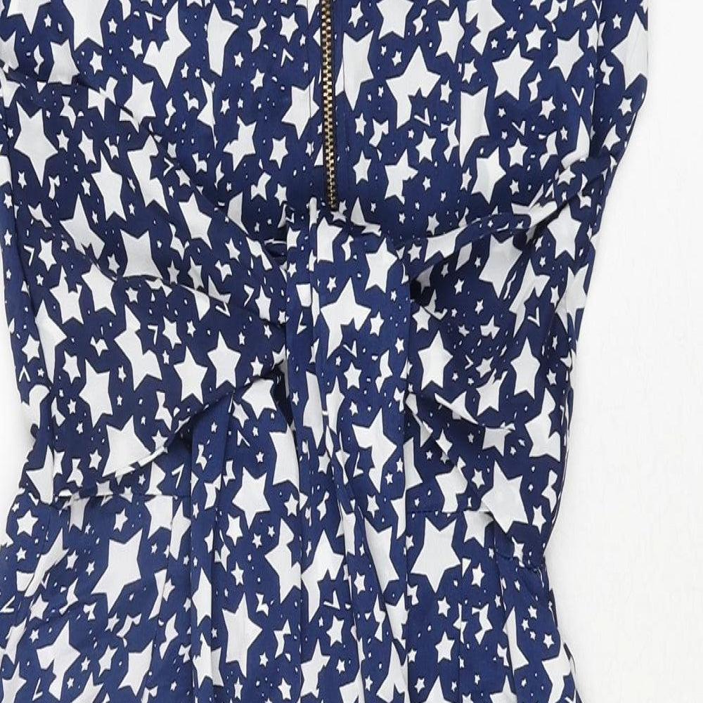 Closet Womens Blue Geometric Polyester Shift Size 8 V-Neck Zip - Star Print Belted