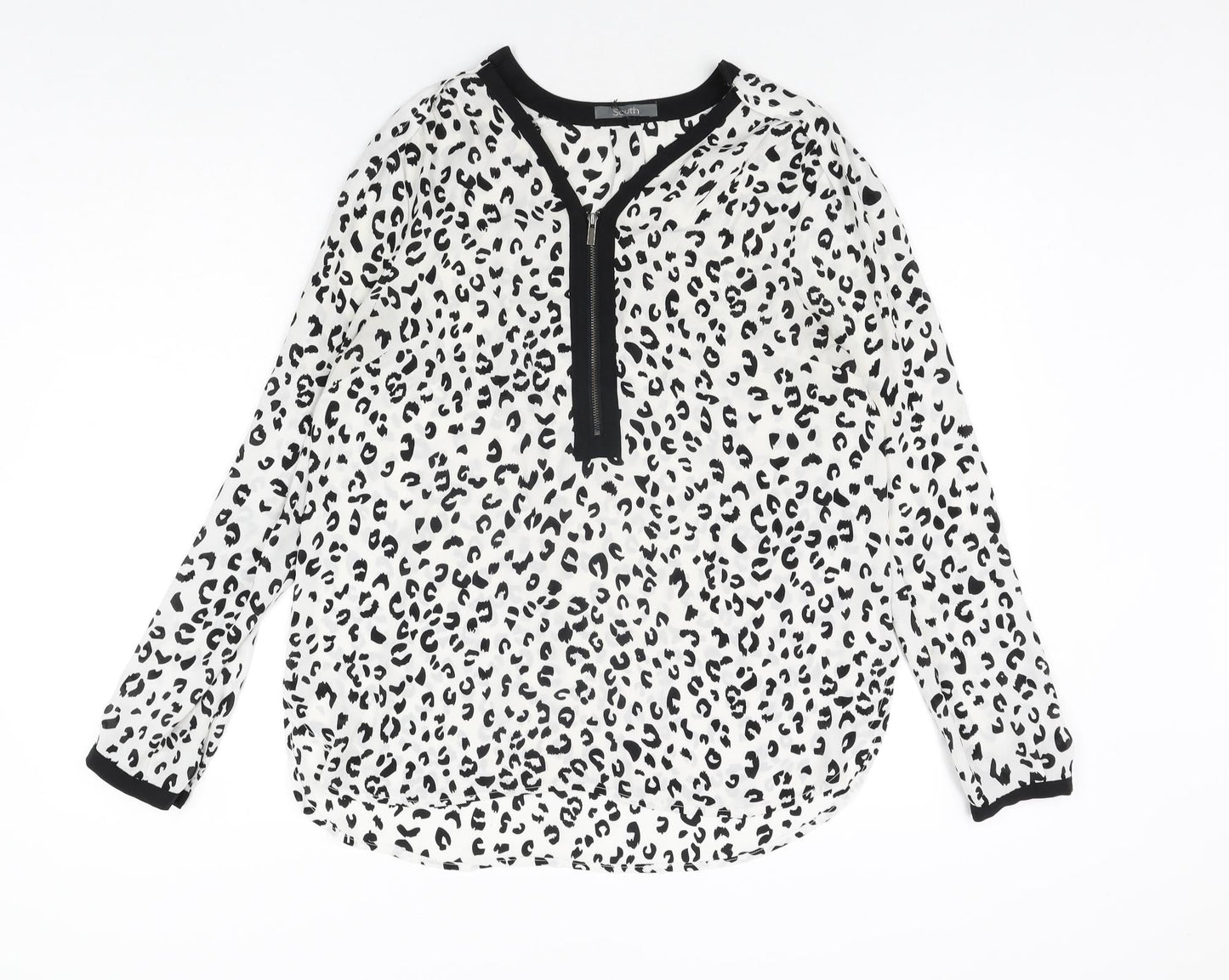 South Womens White Animal Print Polyester Basic Blouse Size 12 V-Neck - Leopard Print