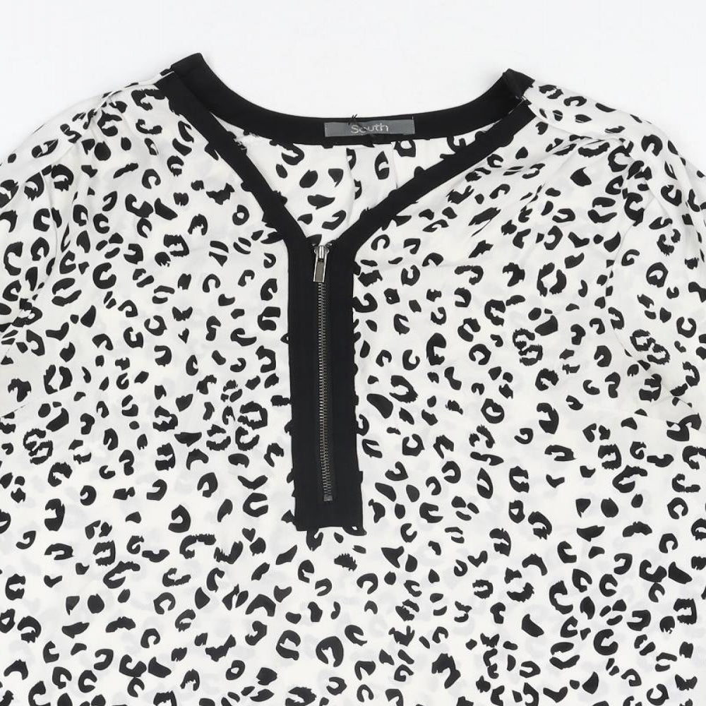 South Womens White Animal Print Polyester Basic Blouse Size 12 V-Neck - Leopard Print