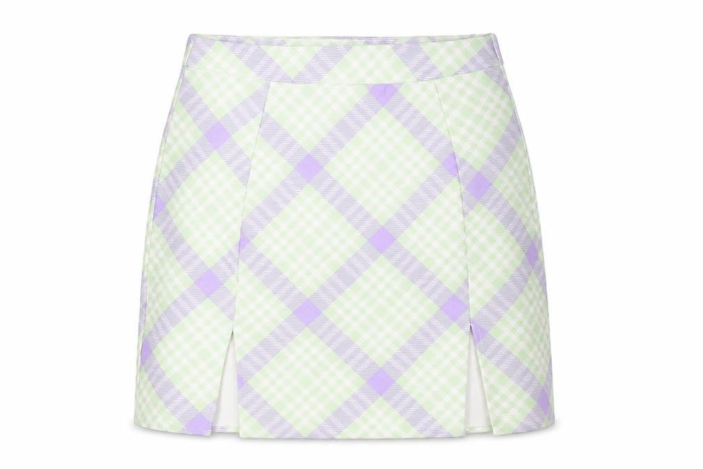 Front view of Missguided women’s green check polyester mini skirt, size UK 10, zip