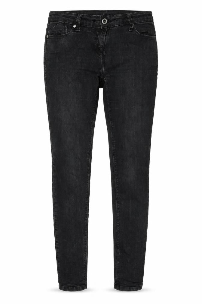 Front view of Denim & Co. women’s black cotton tapered jeans, size UK 10, 32-inch leg regular zip