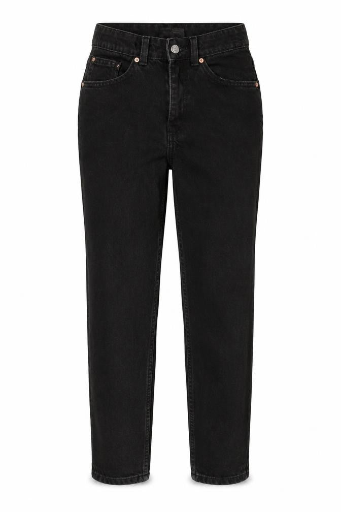 Front view of Denim & Co. women’s black cotton tapered jeans, size UK 8, 27-inch leg regular zip