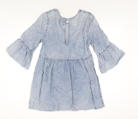 Denim & Co. Womens Blue Cotton A-Line Size 12 Round Neck Button - Raw Hems