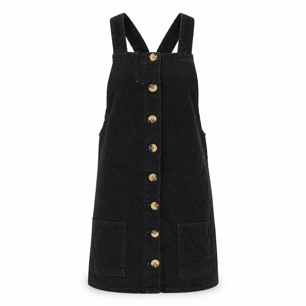 Denim & Co. Womens Black Cotton Pinafore/Dungaree Dress Size 6 Square Neck Button