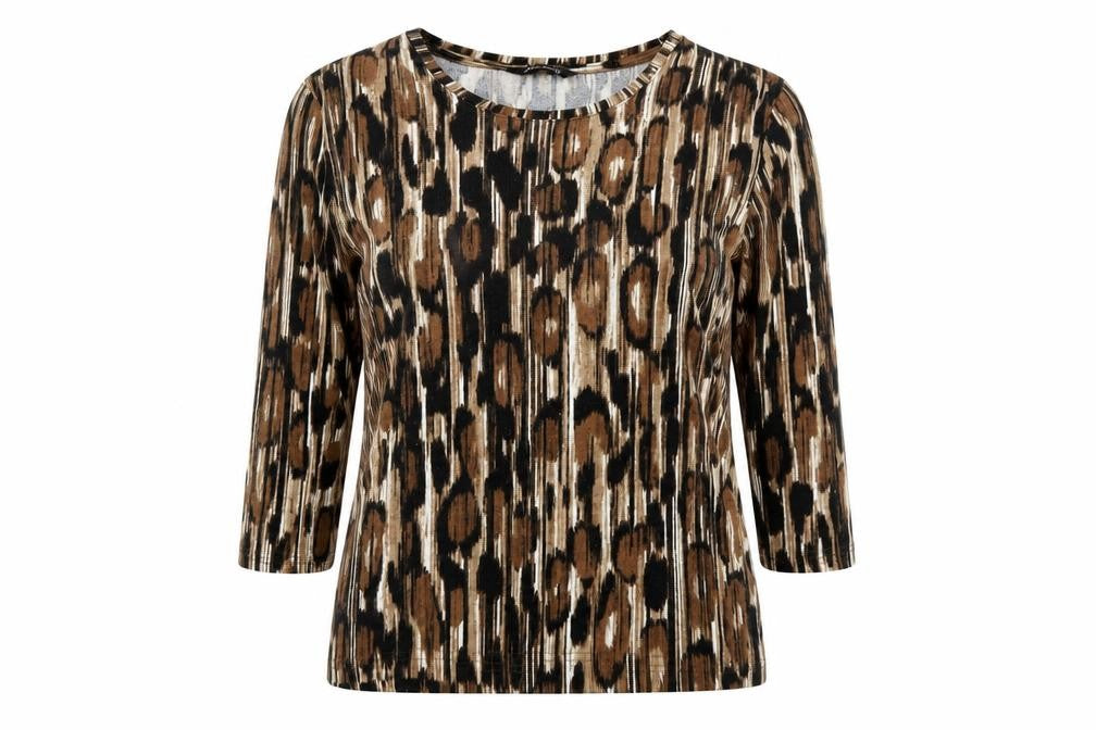 Front view of Alexara women’s brown geometric polyester basic t-shirt, size UK 10, crew neck