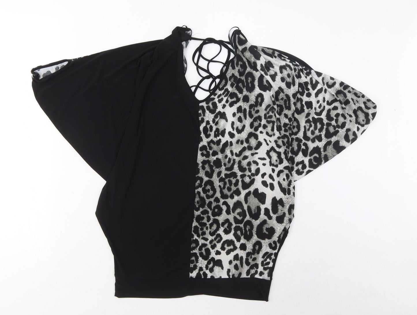 Tom Wolfe Womens Black Animal Print Polyester Basic T-Shirt Size 8 V-Neck