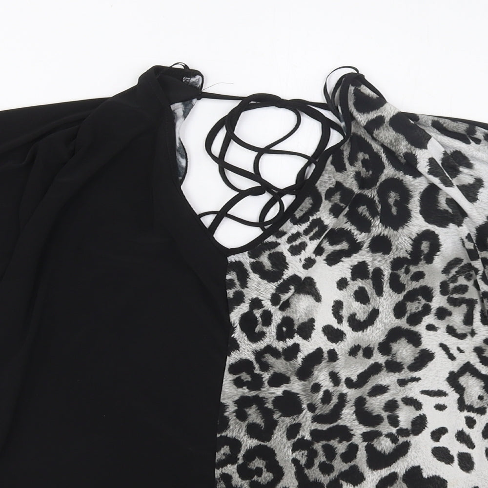 Tom Wolfe Womens Black Animal Print Polyester Basic T-Shirt Size 8 V-Neck