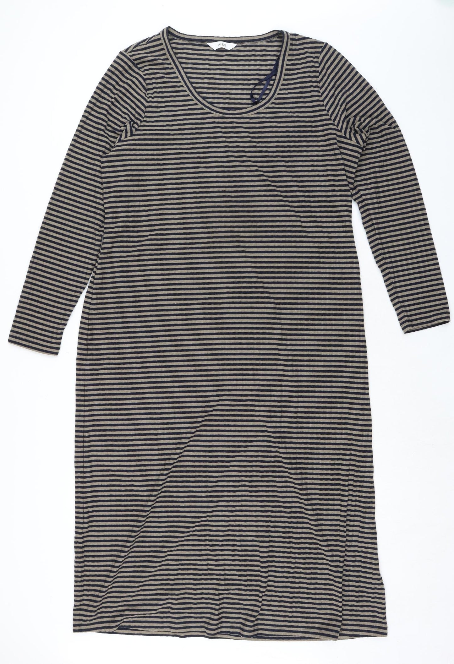 Marks and Spencer Womens Black Striped Polyester Pencil Dress Size 16 Scoop Neck Pullover - Ribbed