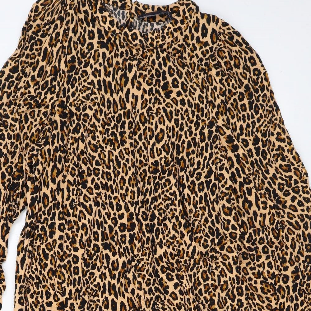 Marks and Spencer Womens Brown Animal Print Viscose A-Line Size 12 Round Neck Button