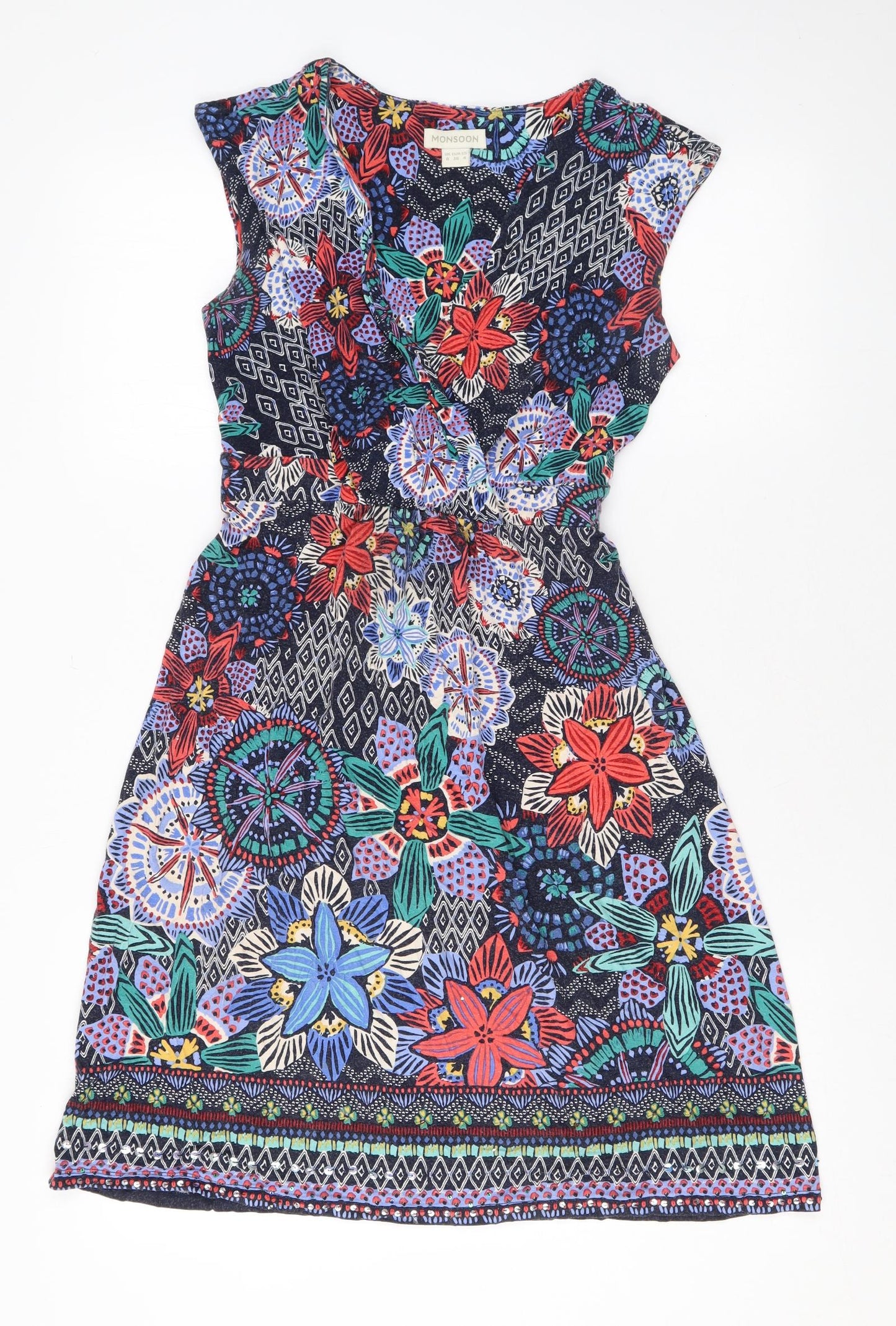 Monsoon Womens Multicoloured Geometric Viscose Skater Dress Size 8 V-Neck Pullover