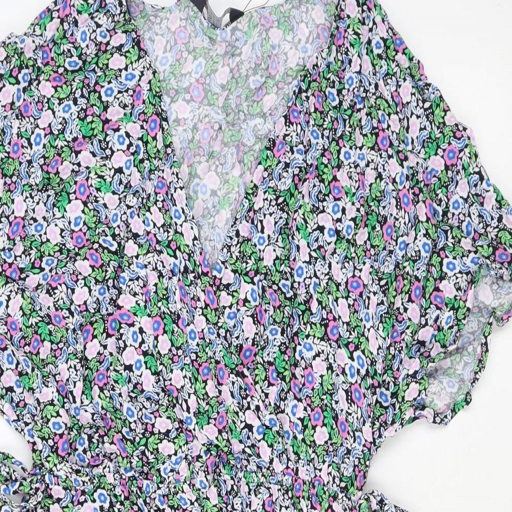 Marks and Spencer Womens Blue Floral Viscose A-Line Size 10 V-Neck Pullover