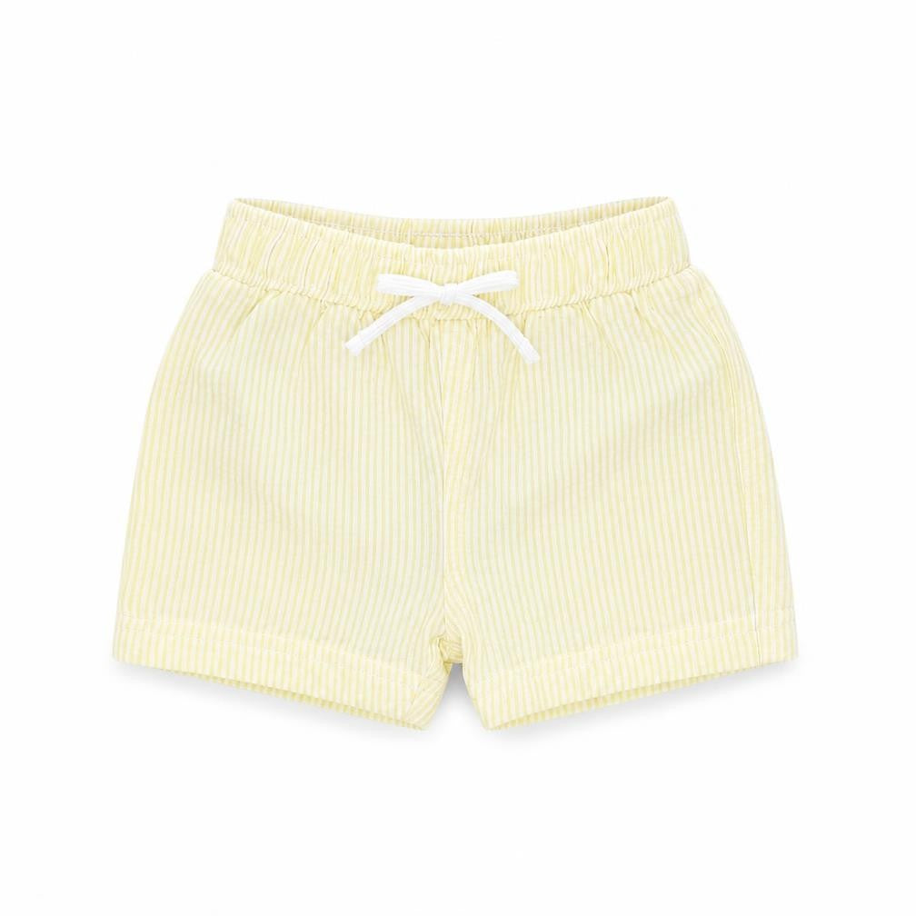 Front view of Marks & Spencer boys’ yellow striped cotton shorts outfit/set, size 3-6, months drawstring - swim shorts