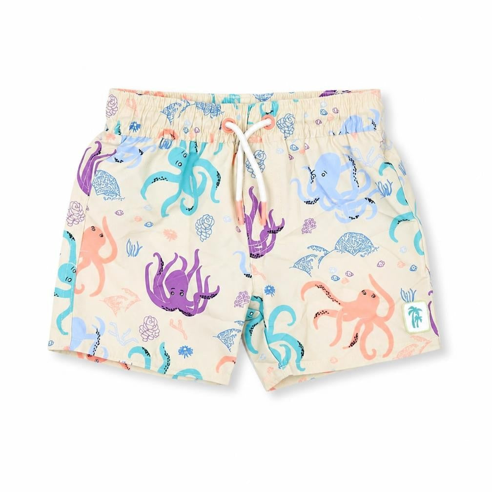 Front view of Marks & Spencer boys’ beige geometric polyester shorts outfit/set, months drawstring - octopus print, swim