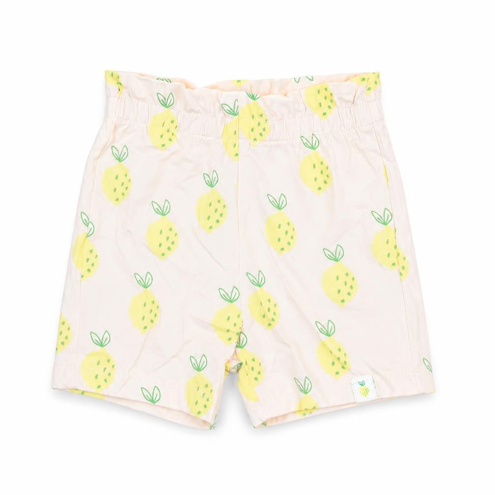 Front view of Marks & Spencer girls’ pink geometric cotton shorts outfit/set, size 9-12, months pullover - lemon print