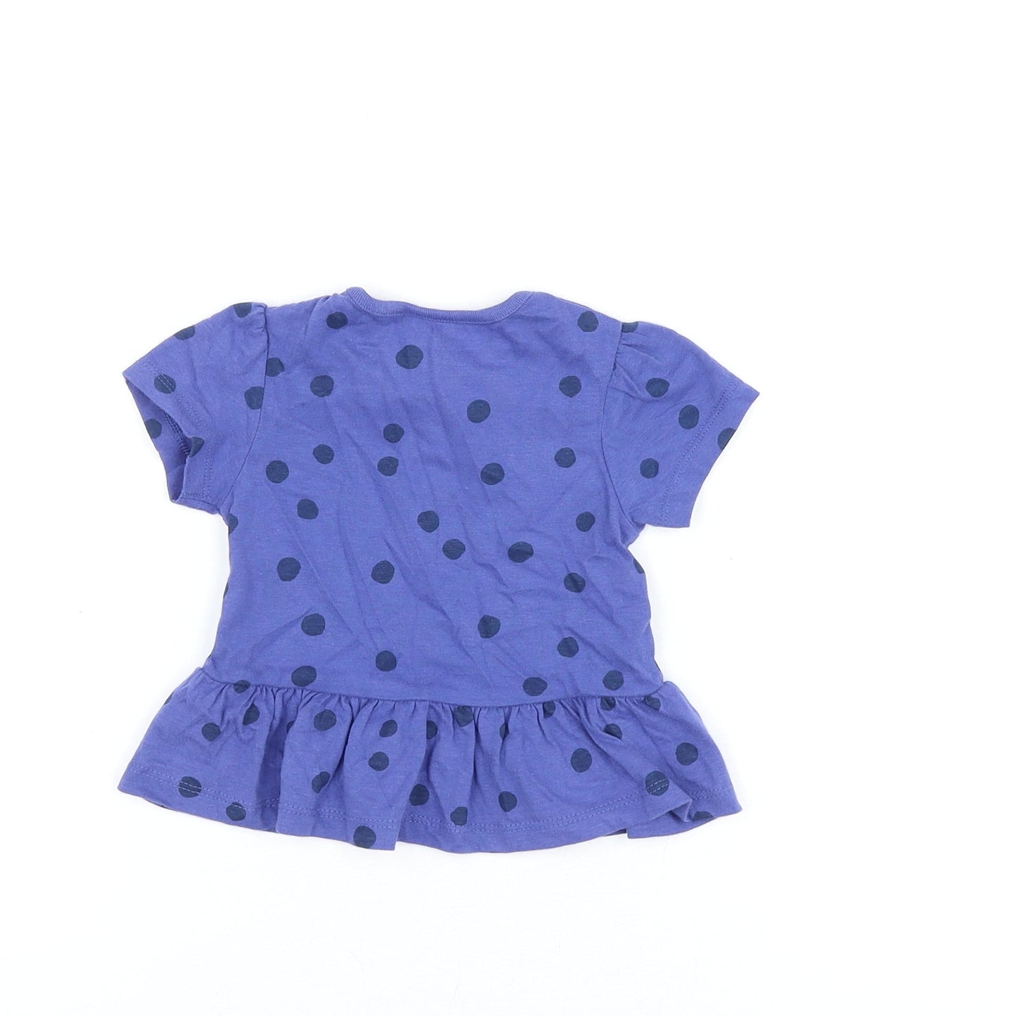 Marks and Spencer Girls Blue Polka Dot Cotton Basic T-Shirt Size 6-9 Months Round Neck Snap