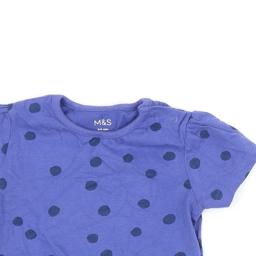 Marks and Spencer Girls Blue Polka Dot Cotton Basic T-Shirt Size 6-9 Months Round Neck Snap