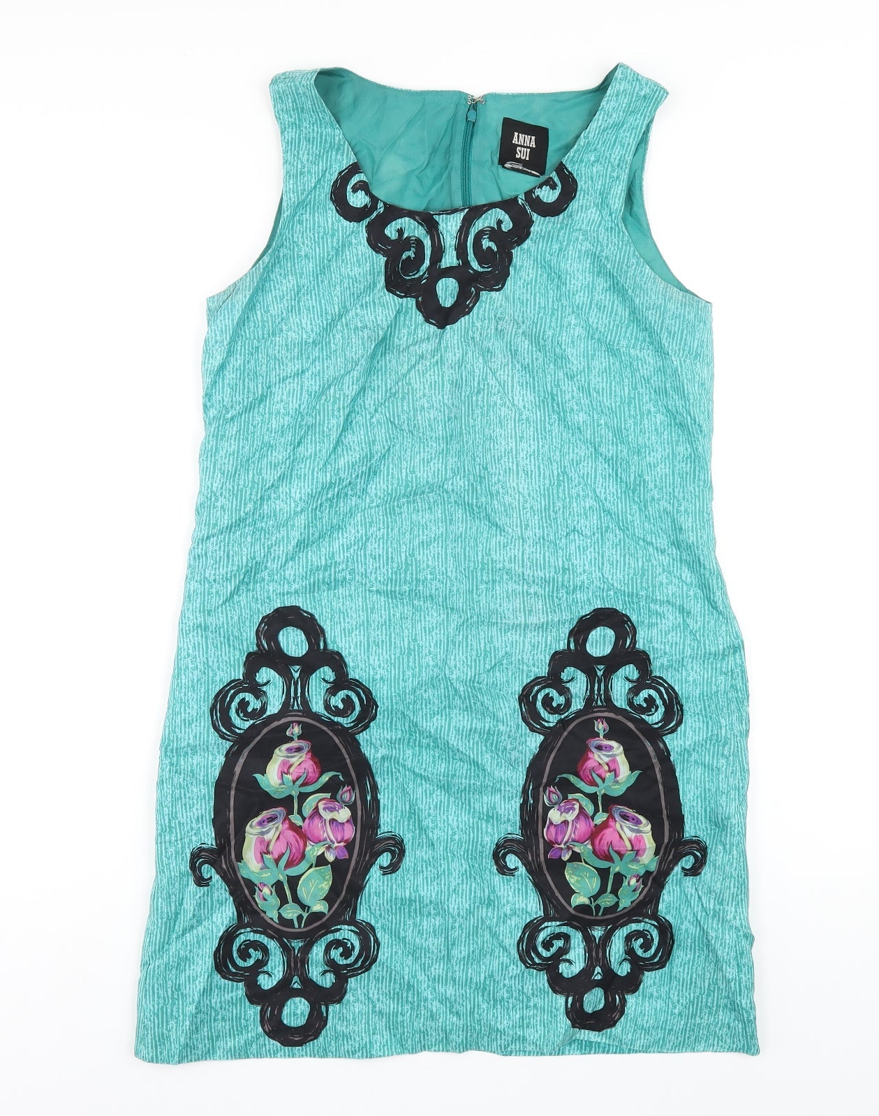 Anna Sui Womens Green Geometric Silk A-Line Size 4 Scoop Neck Zip