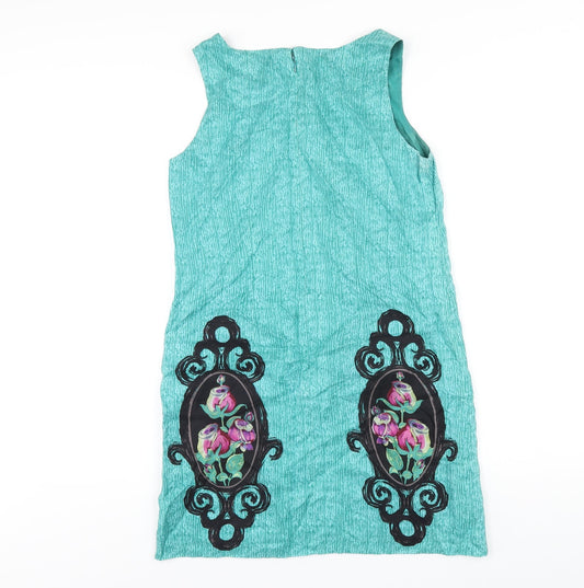 Anna Sui Womens Green Geometric Silk A-Line Size 4 Scoop Neck Zip