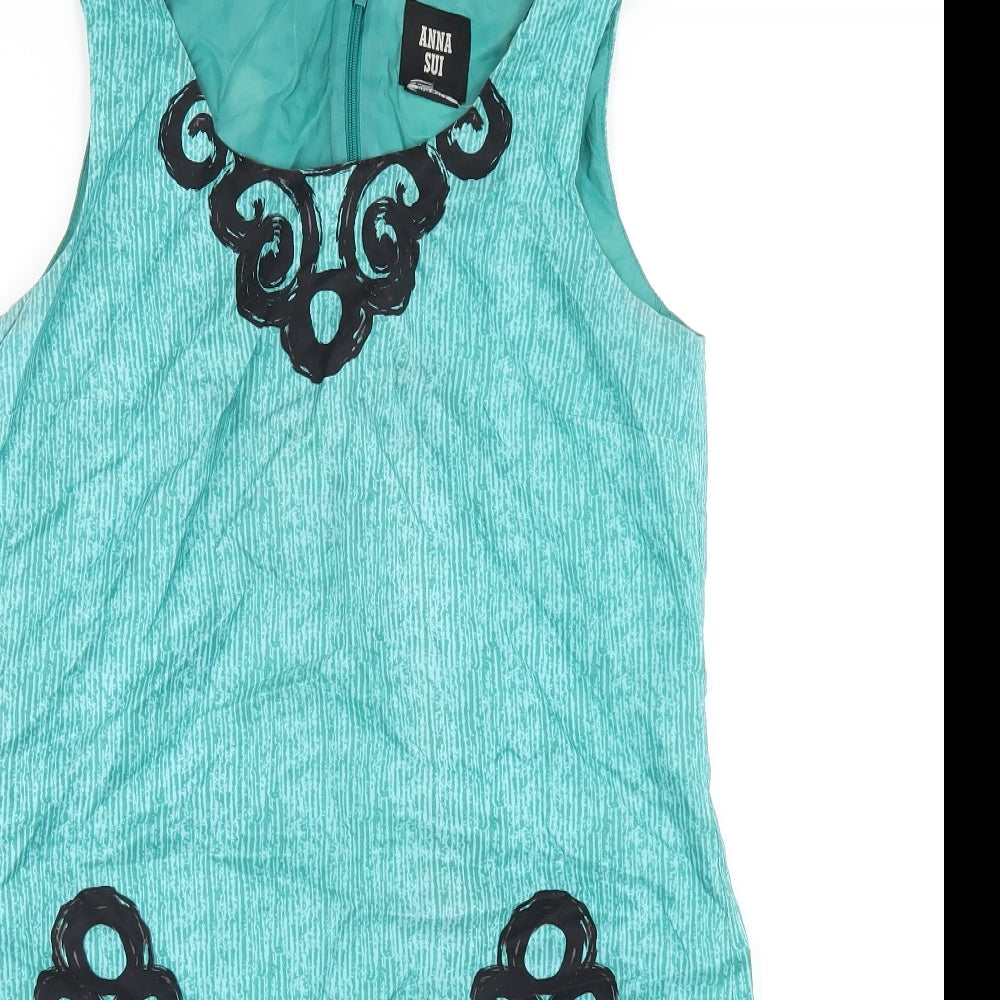 Anna Sui Womens Green Geometric Silk A-Line Size 4 Scoop Neck Zip