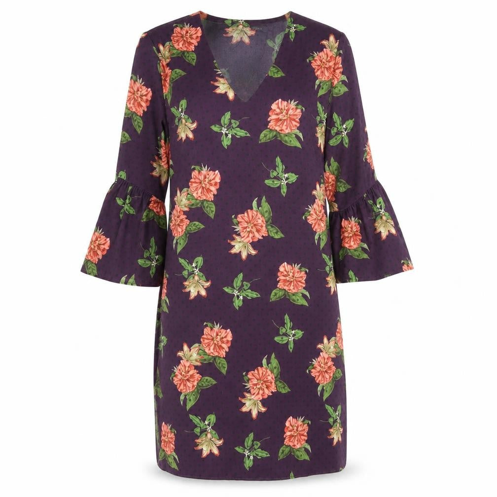 Marks and Spencer Womens Purple Floral Polyester A-Line Size 10 V-Neck Pullover