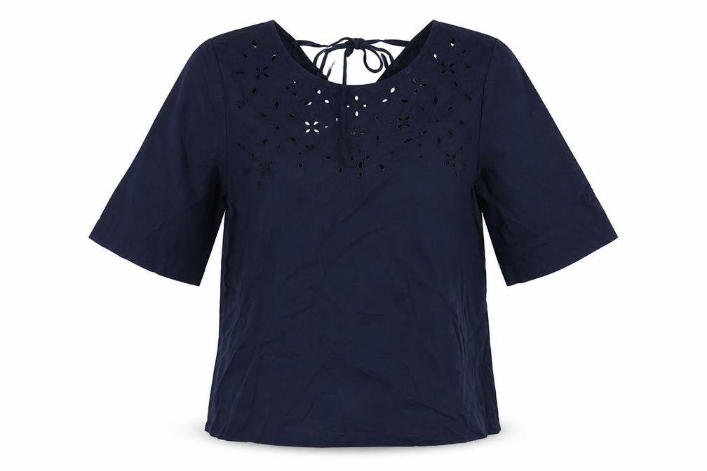Marks and Spencer Womens Blue Linen Basic Blouse Size 8 Round Neck - Broderie Anglaise