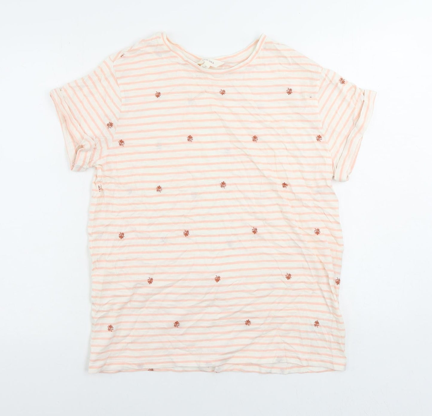 Per Una Womens Pink Striped Cotton Basic T-Shirt Size 12 Round Neck - Embroidered