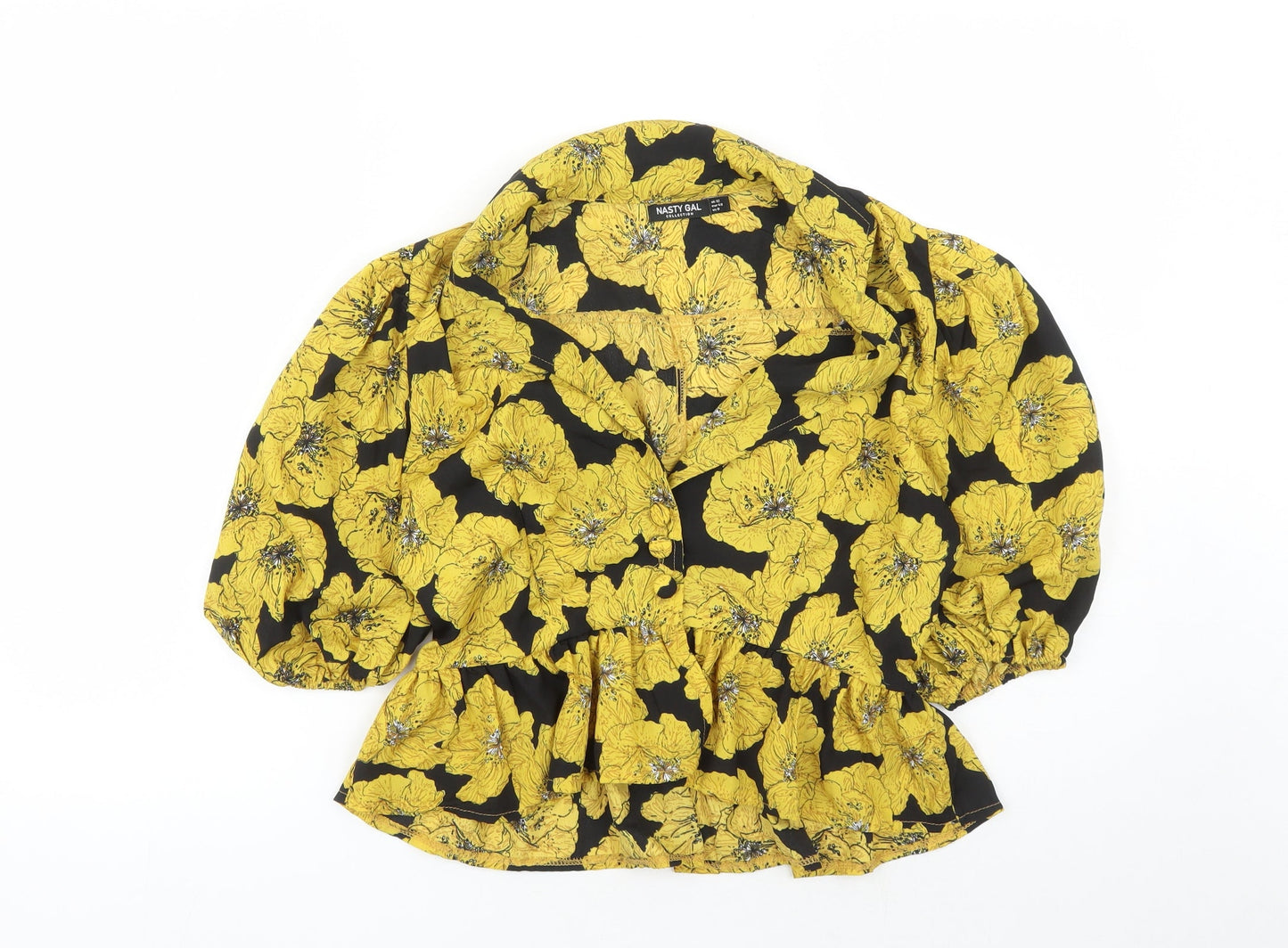 Nasty Gal Womens Yellow Floral Polyester Basic Blouse Size 12 Collared
