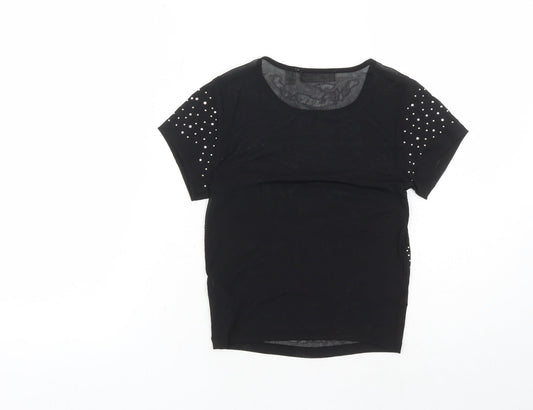 ASOS Womens Black Nylon Cropped T-Shirt Size 4 Round Neck - Rhinestone Detail