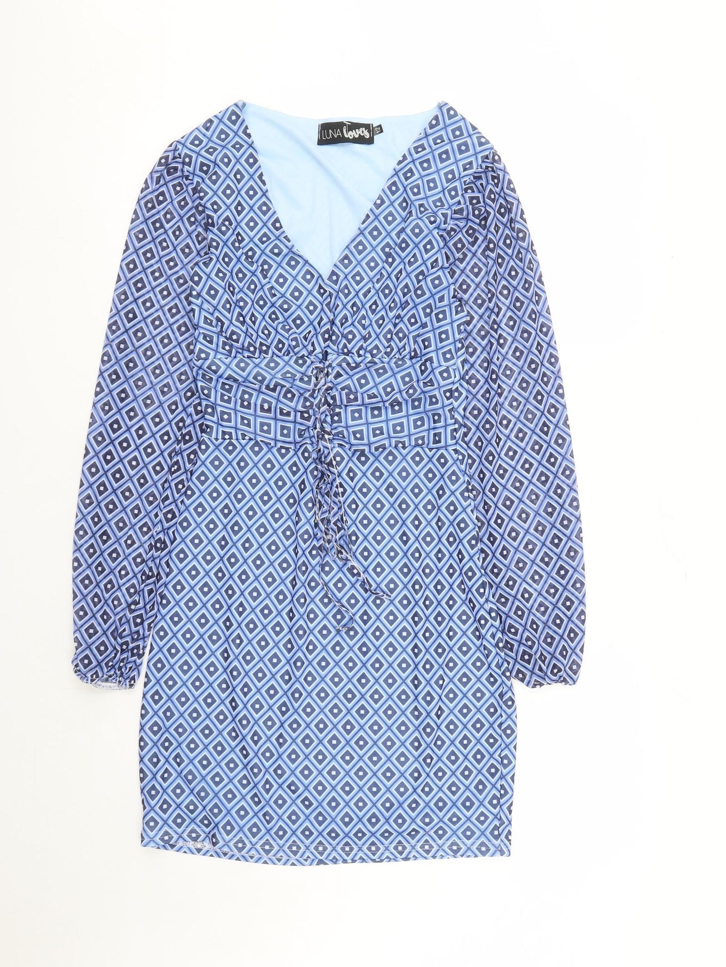 Luna Loves Womens Blue Geometric Polyester A-Line Size 12 V-Neck Pullover