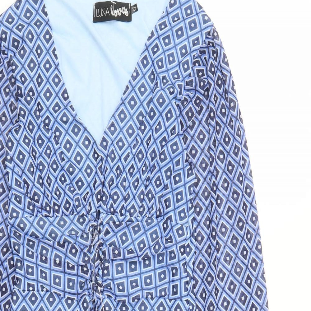 Luna Loves Womens Blue Geometric Polyester A-Line Size 12 V-Neck Pullover