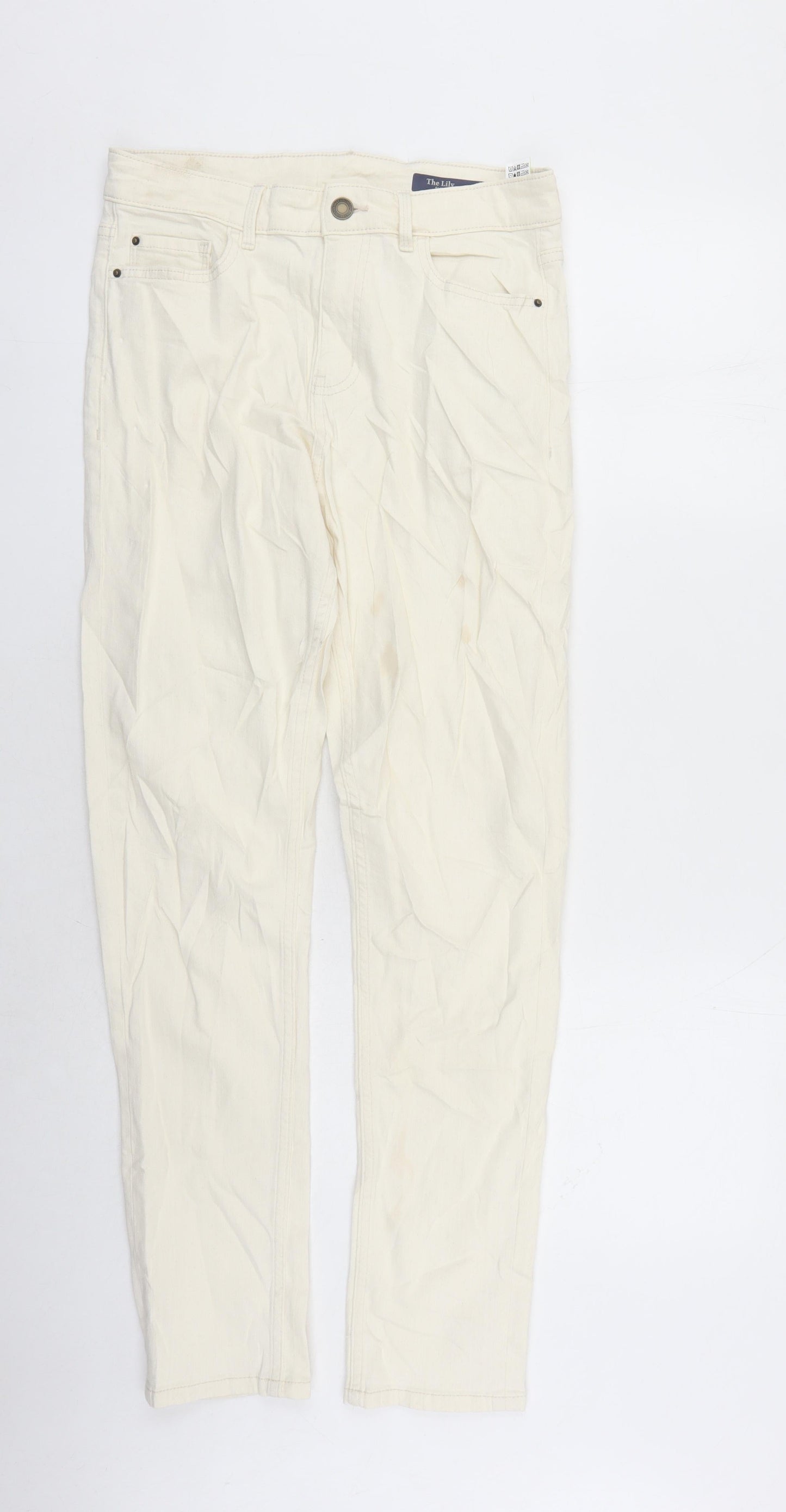 Marks and Spencer Womens Ivory Cotton Straight Jeans Size 10 L28 in Slim Zip - Pockets