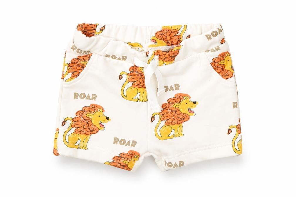 Front view of Marks & Spencer boys’ ivory geometric cotton cropped trousers, size 0-3, months drawstring - shorts, lion, roar