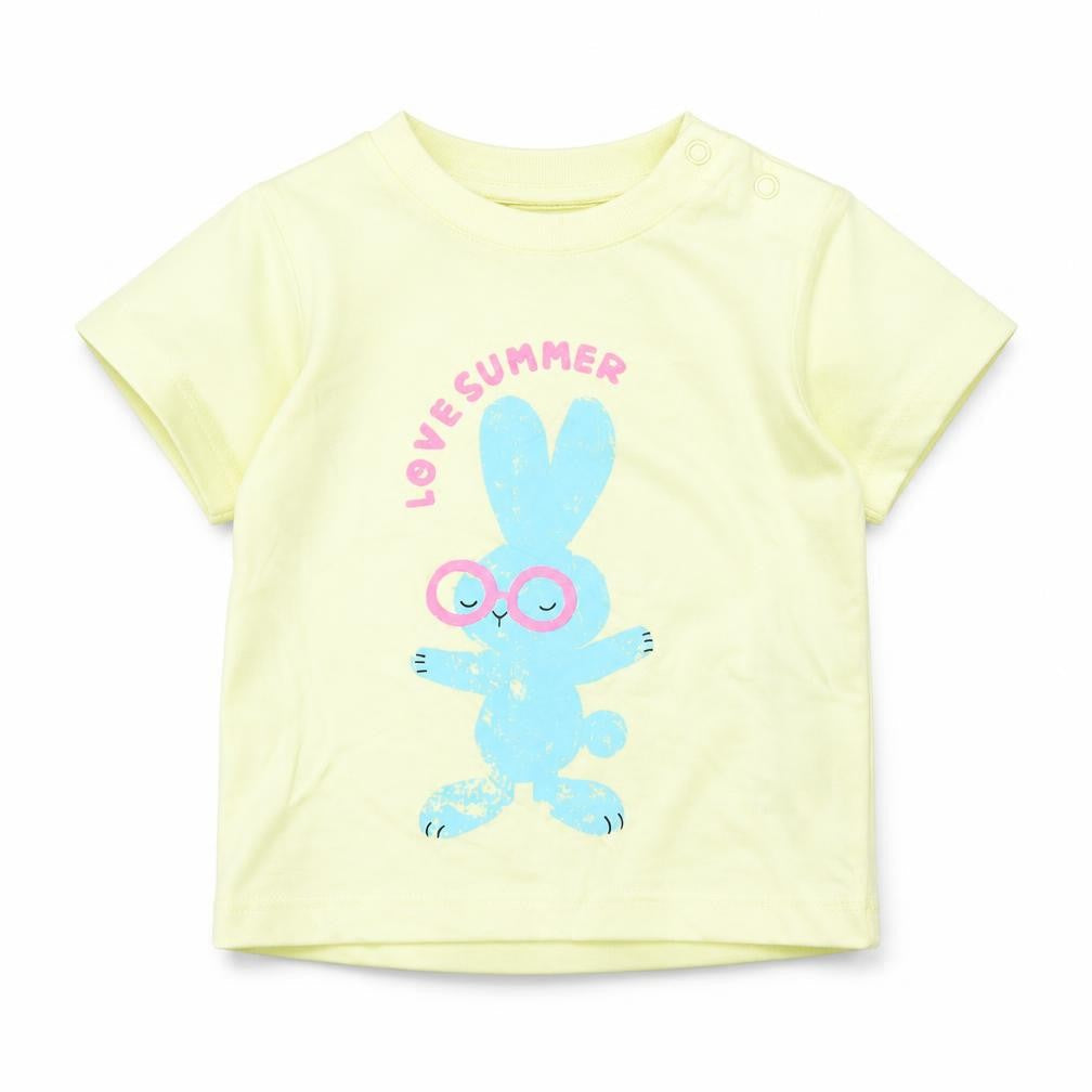 Front view of Marks & Spencer girls’ yellow cotton basic t-shirt, size 3-6, months round neck snap - bunny, love summer