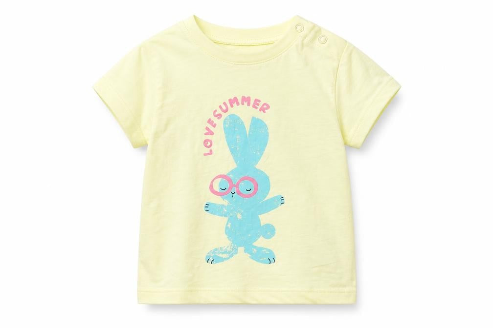 Front view of Marks & Spencer girls’ yellow cotton basic t-shirt, size 3-6, months round neck snap - bunny, love summer