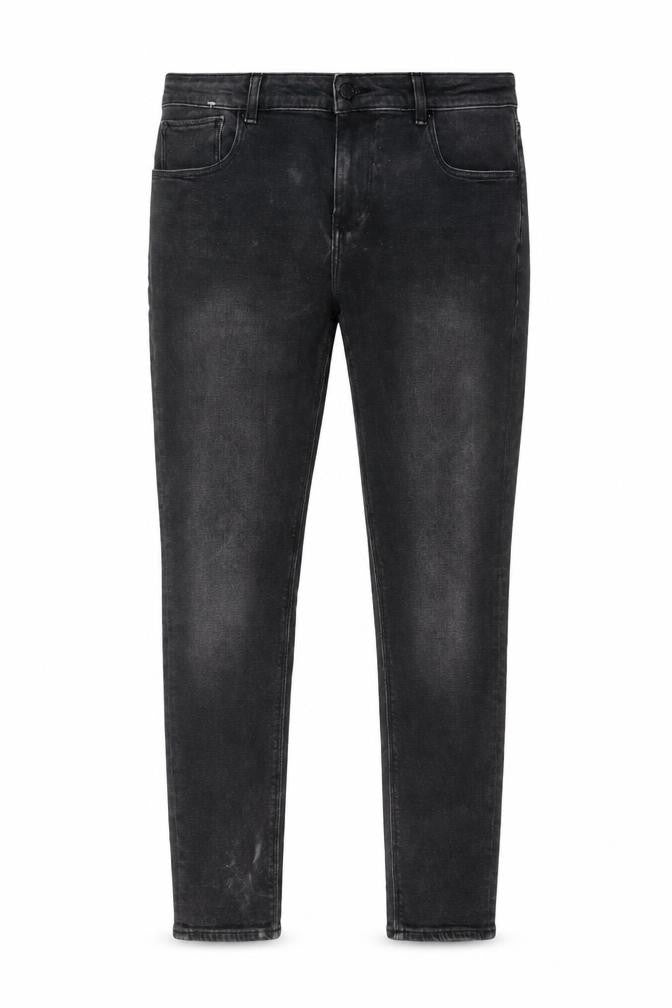 Front view of ASOS men’s grey cotton tapered jeans, size 30, in, 30-inch leg regular zip - pockets, belt loops