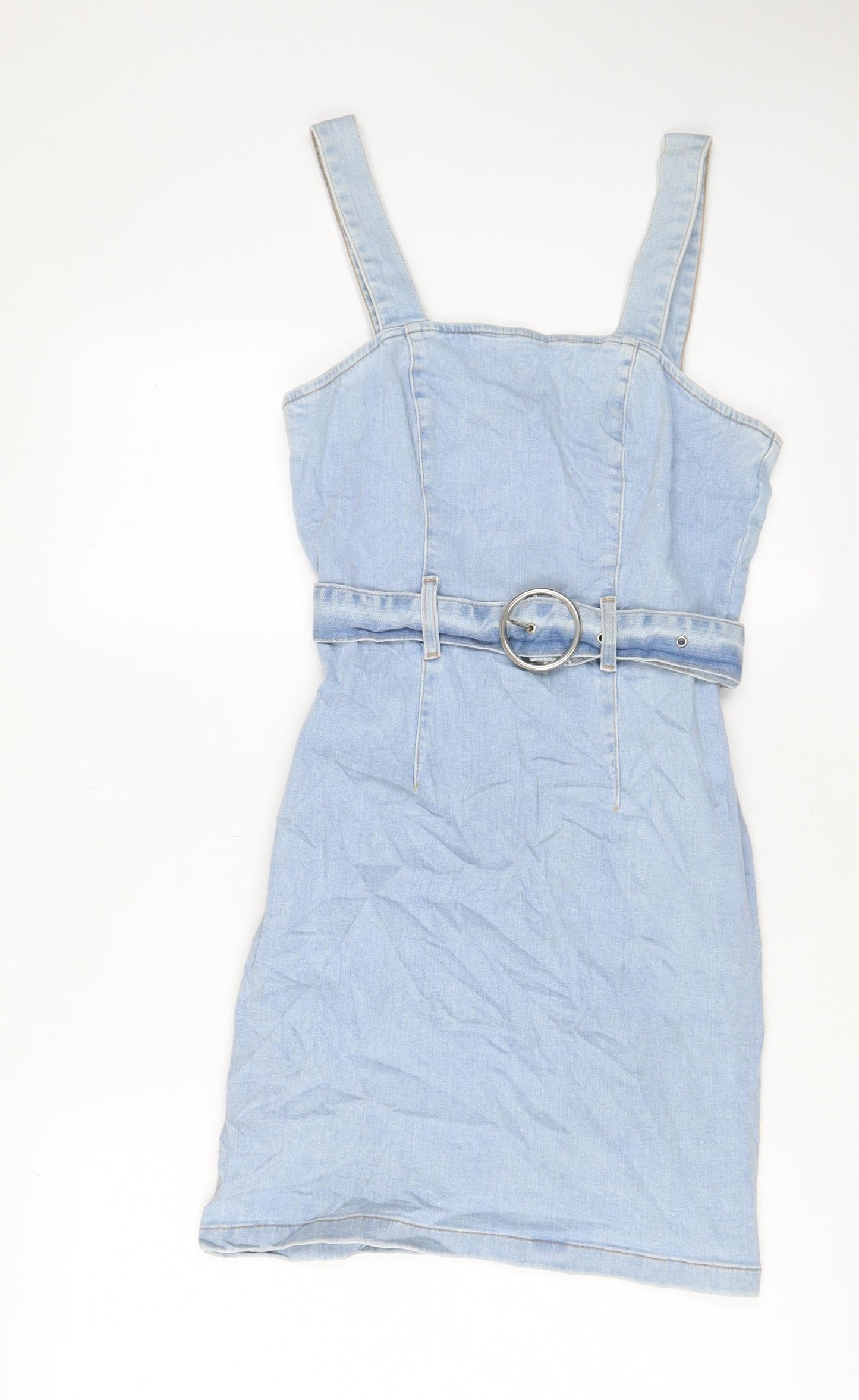 Denim & Co. Womens Blue Cotton Pinafore/Dungaree Dress Size 10 Square Neck Zip - Belted