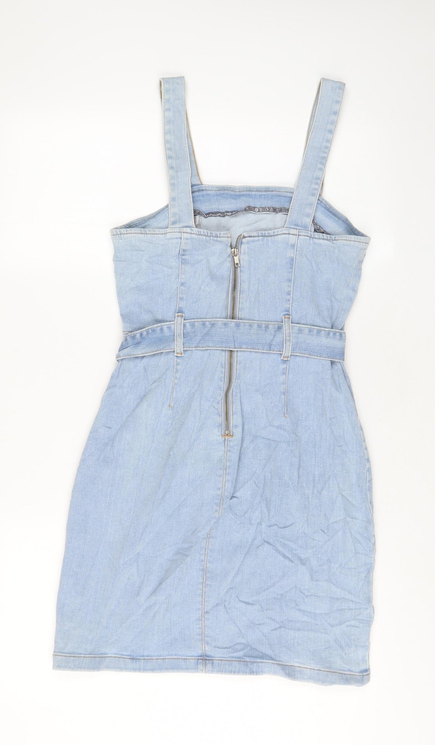 Denim & Co. Womens Blue Cotton Pinafore/Dungaree Dress Size 10 Square Neck Zip - Belted
