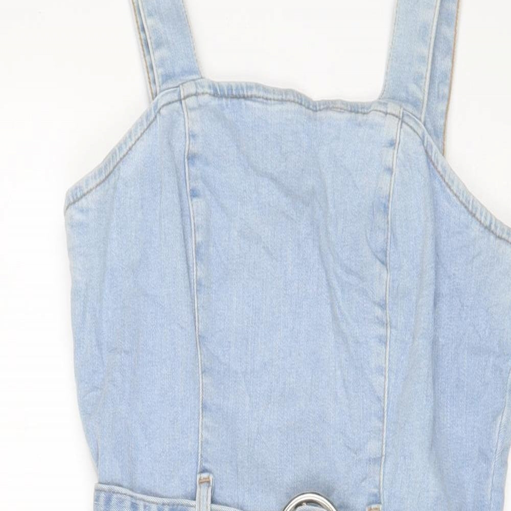 Denim & Co. Womens Blue Cotton Pinafore/Dungaree Dress Size 10 Square Neck Zip - Belted