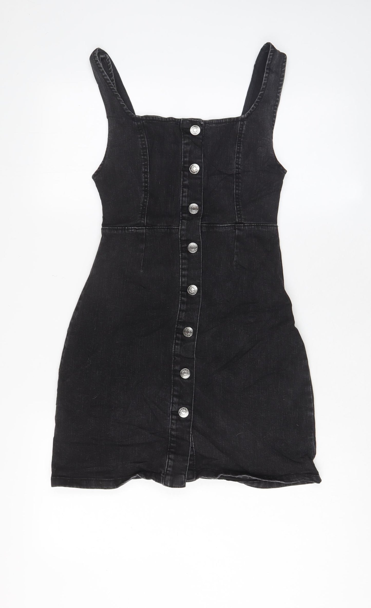Denim & Co. Womens Grey Cotton Pinafore/Dungaree Dress Size 6 Square Neck Button
