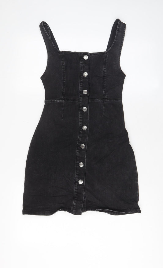 Denim & Co. Womens Grey Cotton Pinafore/Dungaree Dress Size 6 Square Neck Button