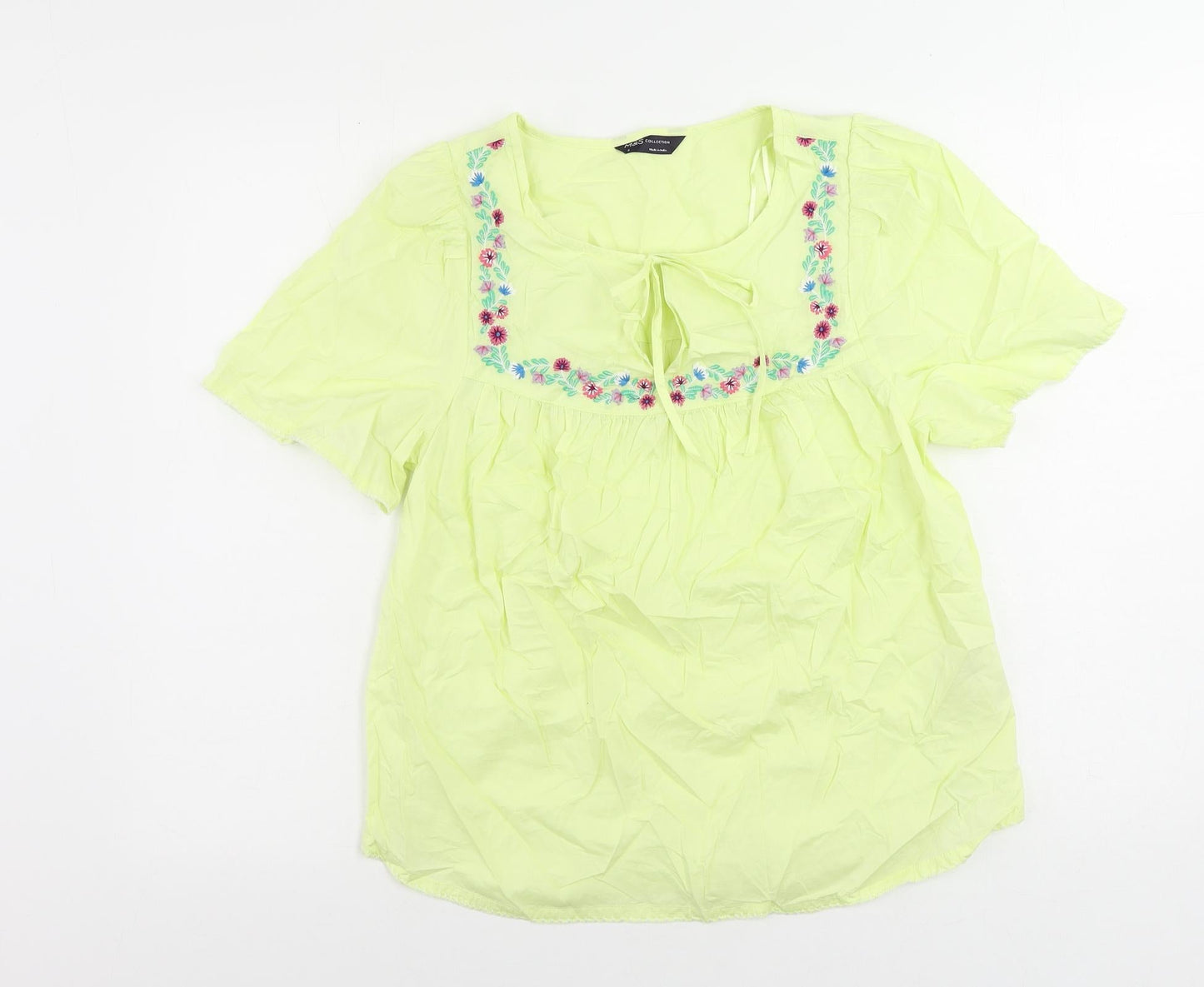 Marks and Spencer Womens Yellow Cotton Basic Blouse Size 6 V-Neck - Embroidered
