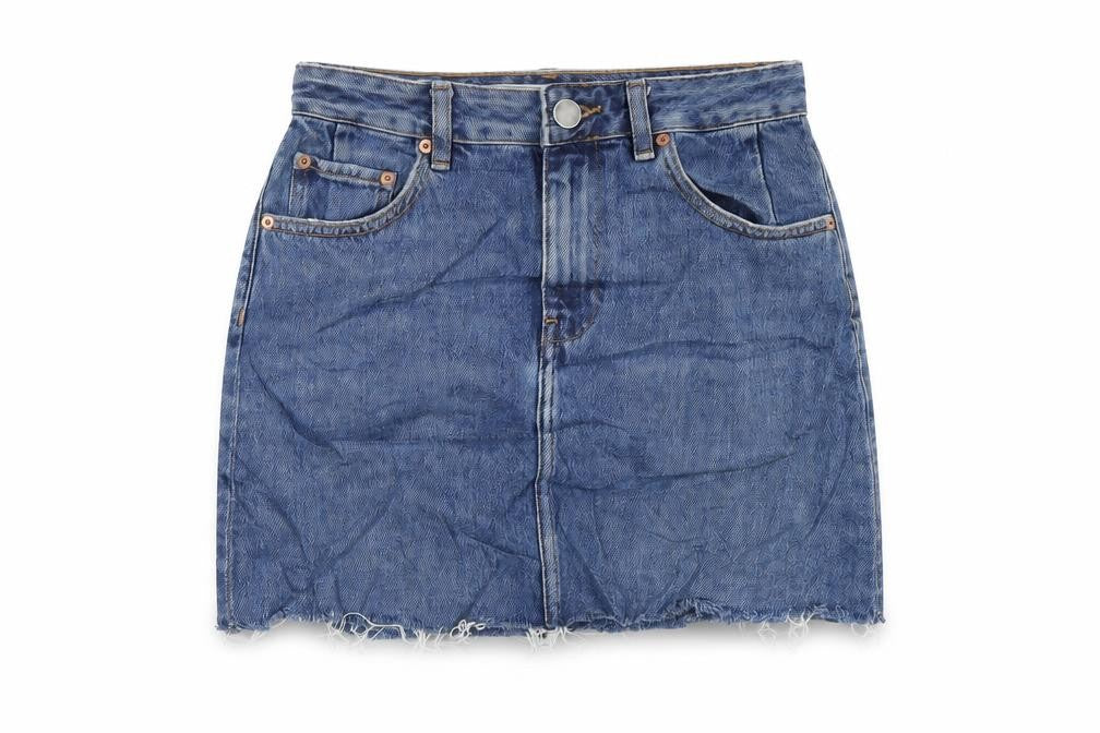 Front view of ASOS women’s blue cotton a-line skirt, size UK 8, zip