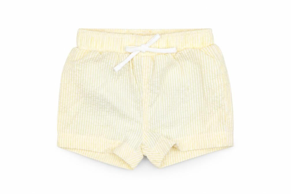 Front view of Marks & Spencer boys’ yellow striped polyester shorts outfit/set, size 0-3, months drawstring - swim short